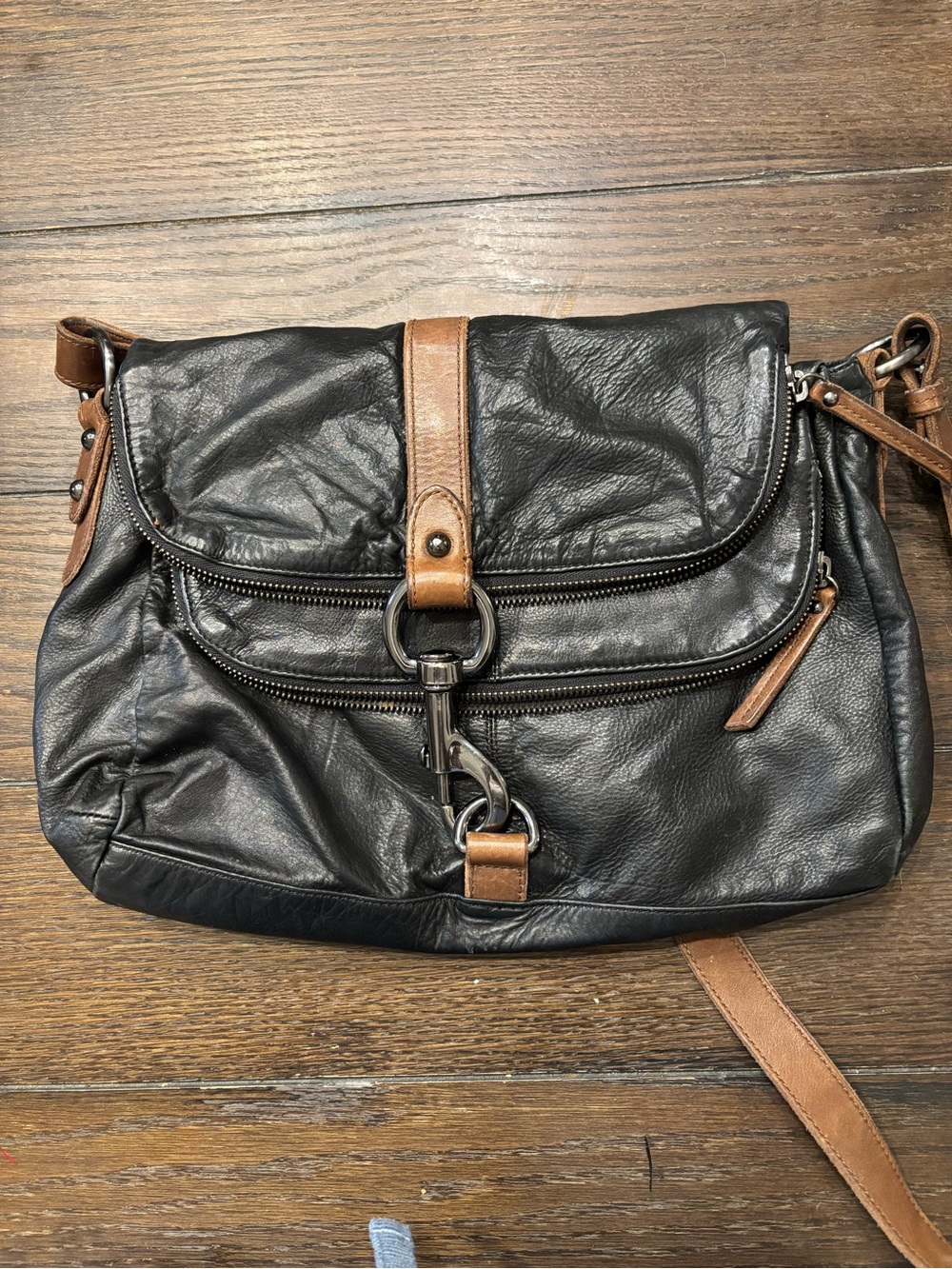 HOBO Black Leather Satchel with Brown Trim